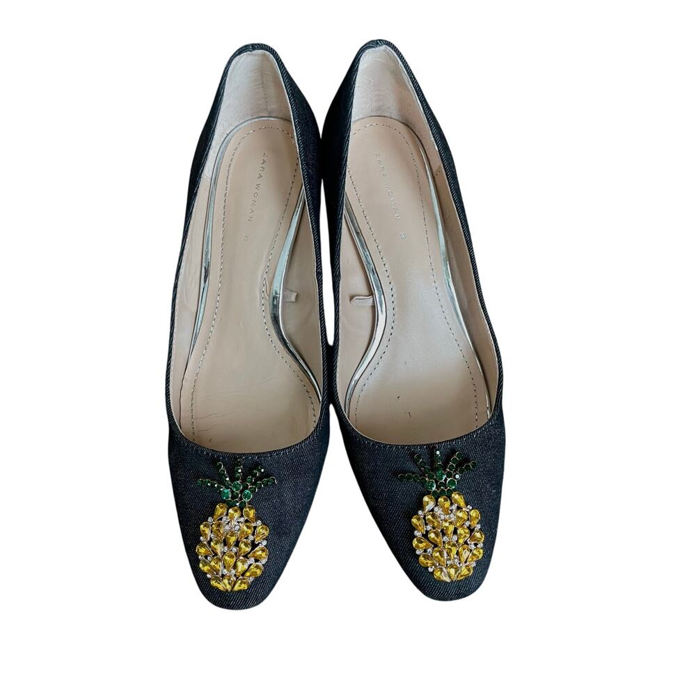 Denim Block Heels w/ Pineapple Rhinestones